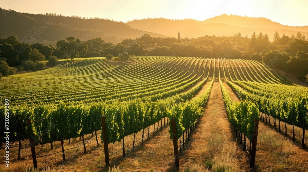 A breathtaking sunset paints a scenic view of a vineyard, with rows of grapevines stretching as far as the eye can see.