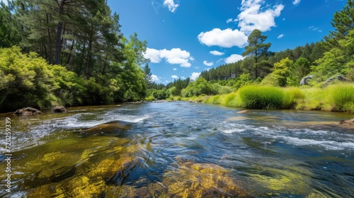 Serene river flowing through lush forest  creating a picturesque view.