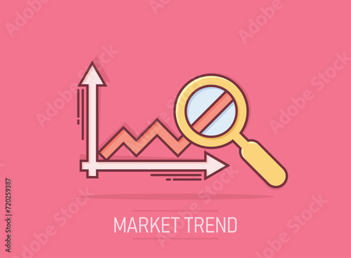 Market trend icon in comic style. Growth arrow with magnifier cartoon vector illustration on isolated background. Increase splash effect business concept.