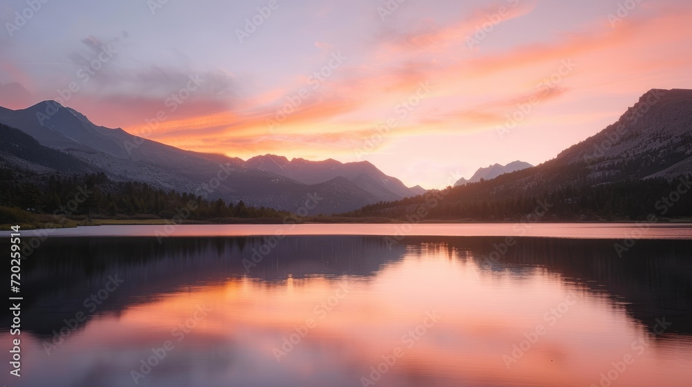 A tranquil mountain lake glows with the warm hues of sunset, mirroring the majestic surroundings.