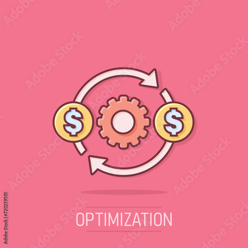 Money optimization icon in comic style. Gear effective cartoon vector illustration on isolated background. Finance process splash effect business concept.