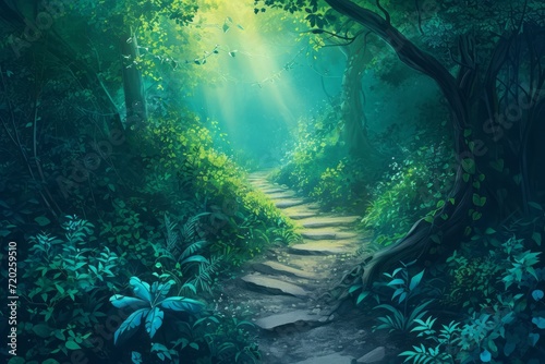 An inspiring poster depicting the journey of personal growth and self-awareness. The concept showcases a path winding through a lush, vibrant forest, symbolizing the individual's developmental journey