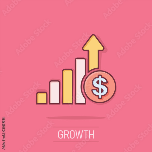 Growth arrow icon in comic style. Revenue cartoon vector illustration on isolated background. Increase splash effect business concept.