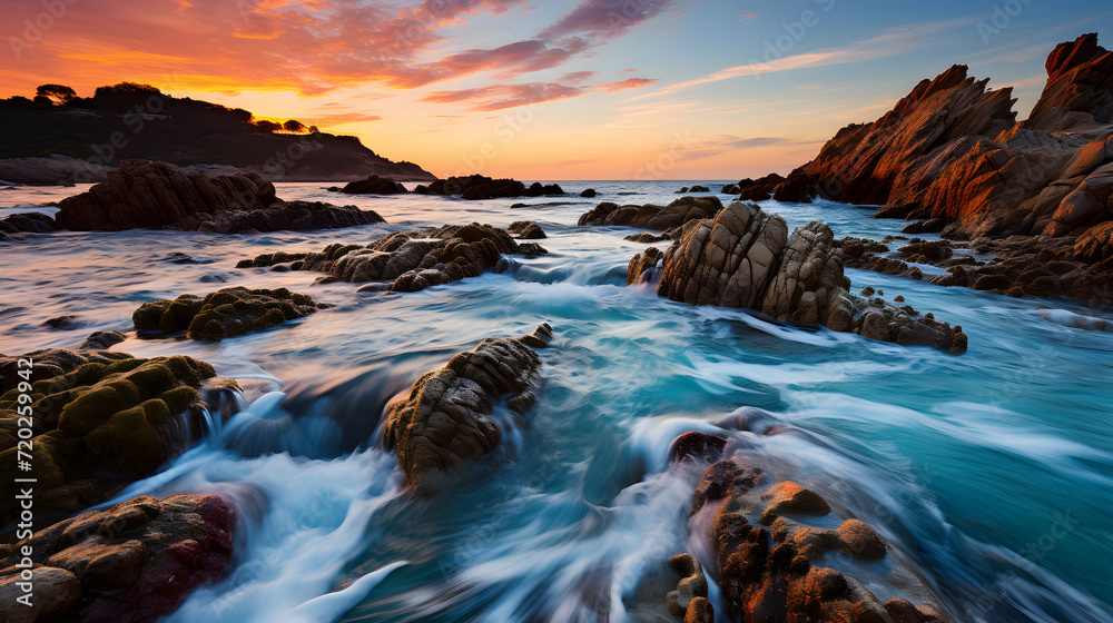 Sunset or sunrise orange landscape view of the coast Sunset or sunrise orange landscape view of the coast