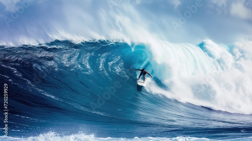 A surfer gracefully riding a massive wave displaying shades of ocean blues and white foam.