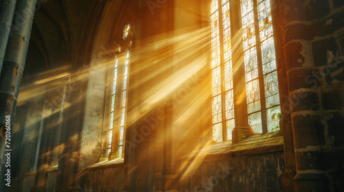 Sun rays beaming through the old window of Latin