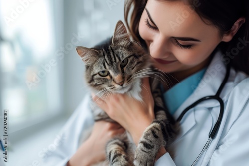 Veterinarian holding a cat in her arms in a veterinary clinic. Veterinary medicine and animal care photo