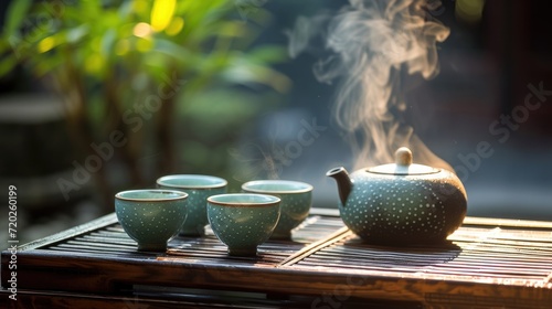 A traditional tea ceremony features delicate teacups and soothing stea.