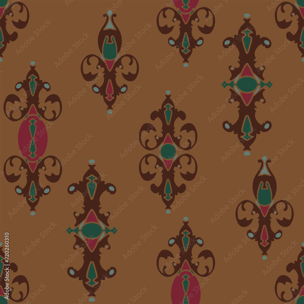 Seamless vector pattern with royal rococo elements on brown background. Luxury Moroccan wallpaper design. Decorative damask fashion textile.