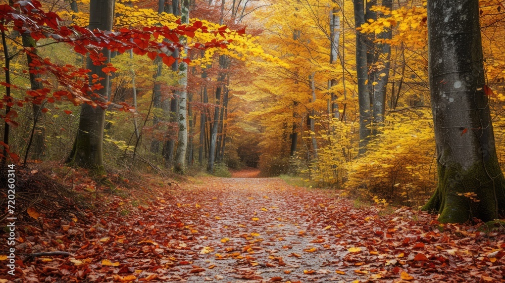 A serene forest pathway immersed in a colorful carpet of autumn leaves.