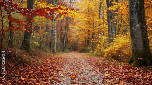 A serene forest pathway immersed in a colorful carpet of autumn leaves.