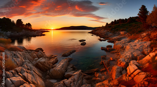 Sunset or sunrise orange landscape view of the coast