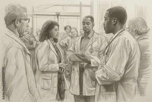 A sketch illustrating the foundational elements of primary healthcare and its impact on accessibility. The scene includes depictions of healthcare professionals engaging with diverse patients photo