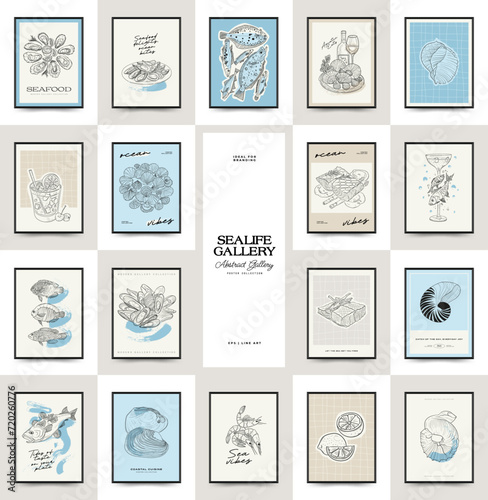 Underwater world, ocean, sea, fish and shells vertical flyer or poster template. Modern trendy Matisse minimal style. Hand drawn design for, wall decor, print, postcard, cover, template, banner.