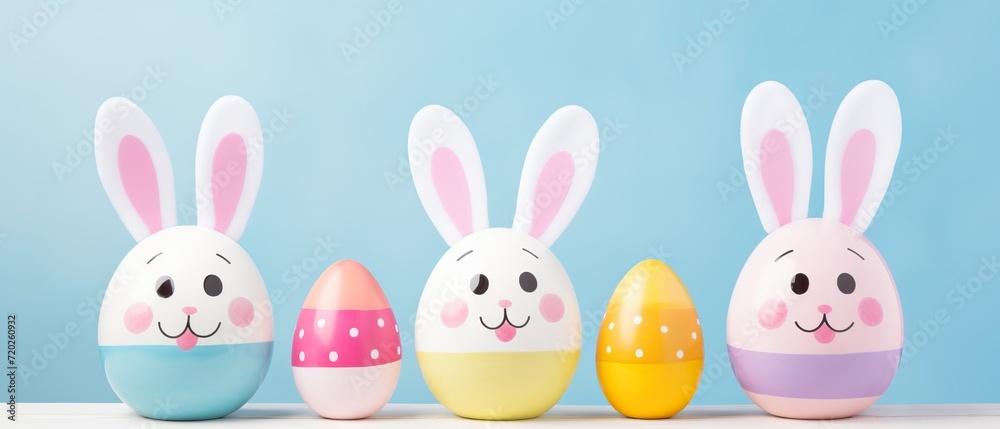 Painted eggs with bunny ears against a blue backdrop Painted eggs with bunny ears against a blue backdrop