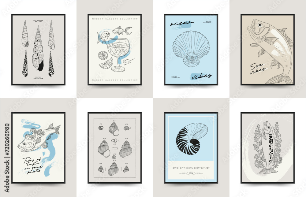 Underwater world, ocean, sea, fish and shells vertical flyer or poster template. Modern trendy Matisse minimal style. Hand drawn design for, wall decor, print, postcard, cover, template, banner.