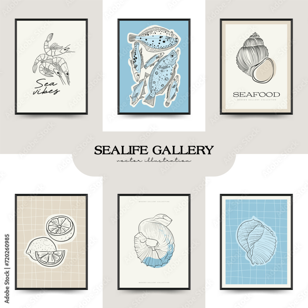 Underwater world, ocean, sea, fish and shells vertical flyer or poster template. Modern trendy Matisse minimal style. Hand drawn design for, wall decor, print, postcard, cover, template, banner. Underwater world, ocean, sea, fish and shells vertical flyer or poster template. Modern trendy Matisse minimal style. Hand drawn design for, wall decor, print, postcard, cover, template, banner.