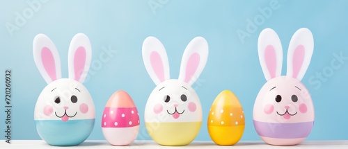 Painted eggs with bunny ears against a blue backdrop