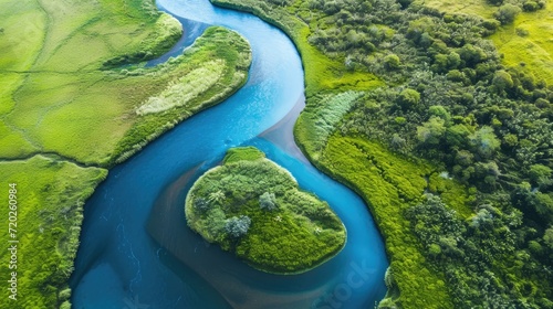 A mesmerizing sight of a winding river with breathtaking blue water meandering through lush surroundings.