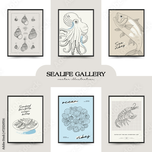 Underwater world, ocean, sea, fish and shells vertical flyer or poster template. Modern trendy Matisse minimal style. Hand drawn design for, wall decor, print, postcard, cover, template, banner.