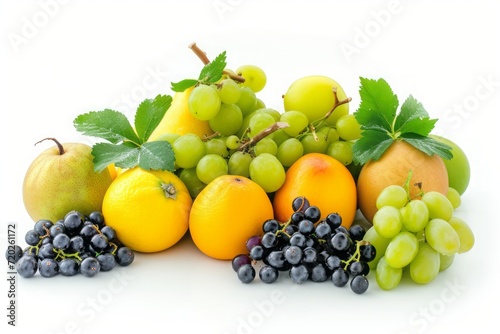 Vibrant green and yellow fruits and berries isolated on a white background