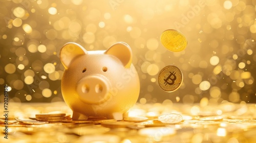 Wealth adding up! Golden coins falling into a piggy bank, symbolizing savings and financial growth.