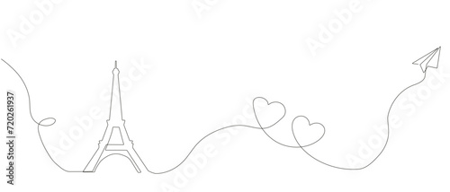 The Eiffel Tower in Paris. One continuous line. Hand drawing. French landmarks and city architecture in a simple linear style. You can edit the strokes.