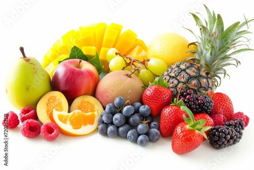 Vibrant tropical fruits and berries isolated on a white background