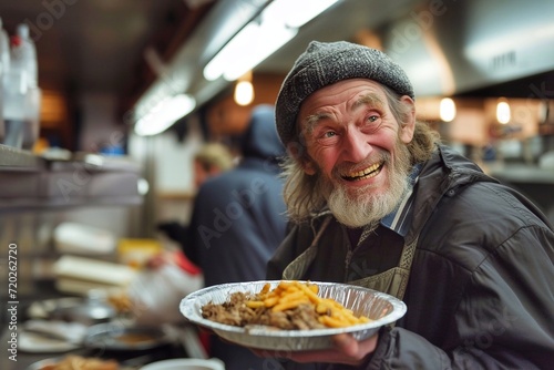 Cheerful homeless senior man with beard holding a plate of food in a social canteen for poor people photo