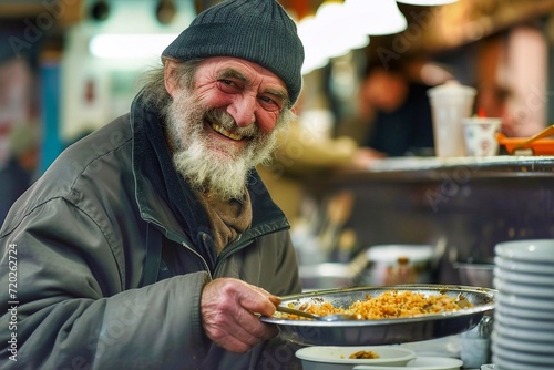 A handsome old beggar man with a gray beard and mustache in a black hat and jacket received a plate of food in a restaurant and was smiling.