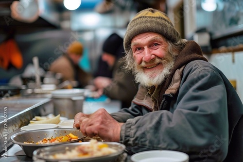 Portrait of a senior homeless man eating food at the street food market