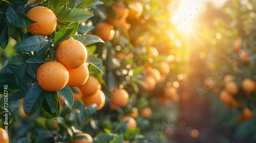 Orange grove with many oranges growing on trees in the sunshine, new harvest