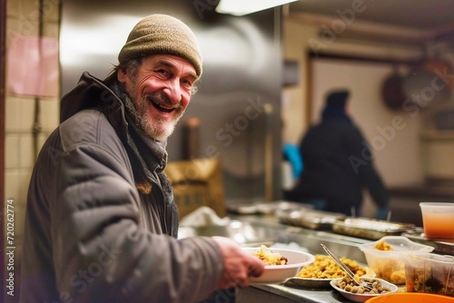 A cheerful mature homeless man takes food on a plate in the cafeteria of a shelter