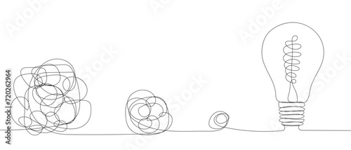 Confused thoughts, problem solving, new idea, problem solving concept. One continuous line drawing of path from chaotic to simplicity and light bulb. Problem solving and business solutions concept 