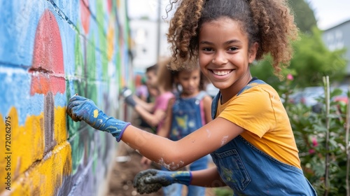 Smiling young girl painting colorful mural on community project day photo