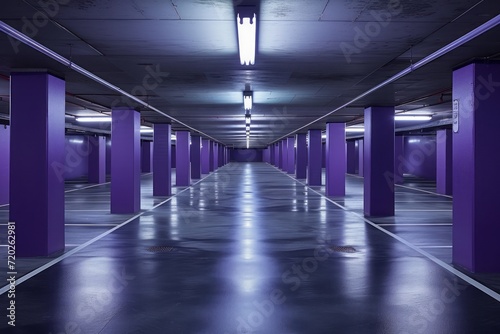 An empty underground parking garage with purple painted columns