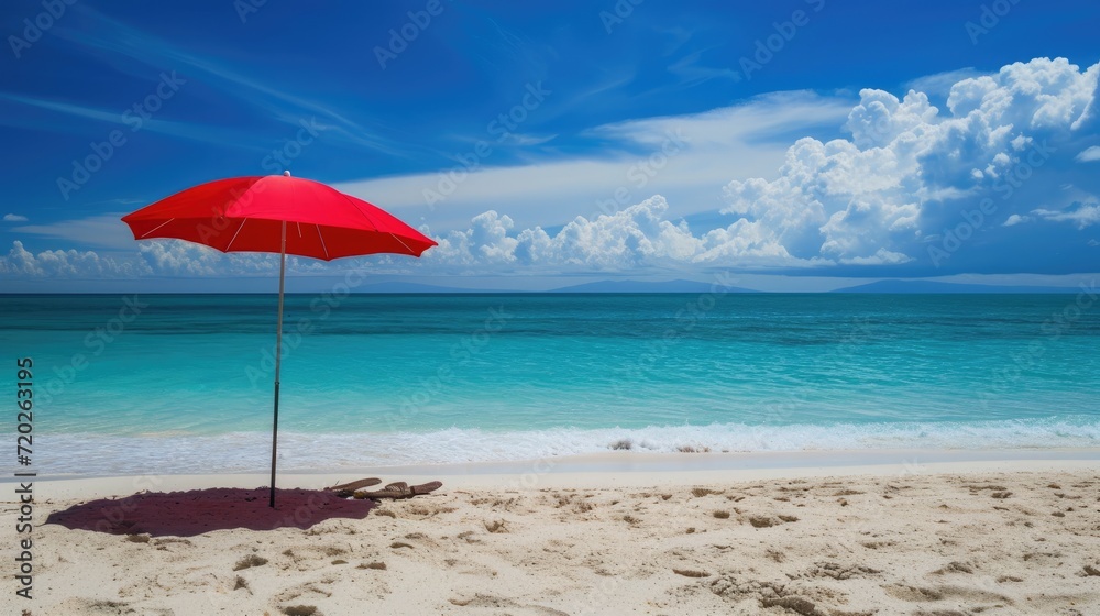 A picturesque beach scene with a vibrant red parasol, soft white sand, and crystal blue waters.