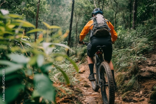 Bicycle trekking over rough terrain in the mountains forest