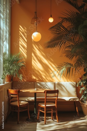 Sunny cafe corner with green plants and wooden chairs