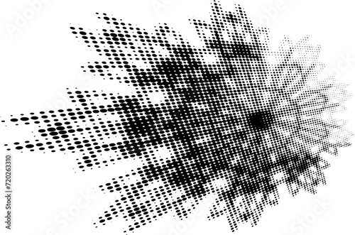 Halftone polka dot flower mandala flying into the distance with the right side illuminated. Space for copying text. Vector.