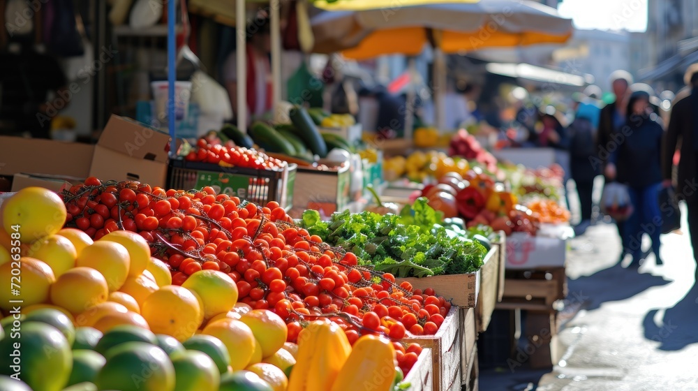 A vibrant farmers market brimming with fresh produce, artisanal products, and enthusiastic shoppers.