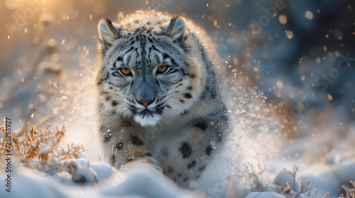 Snow Leopard Stalking in Winter Wonderland 