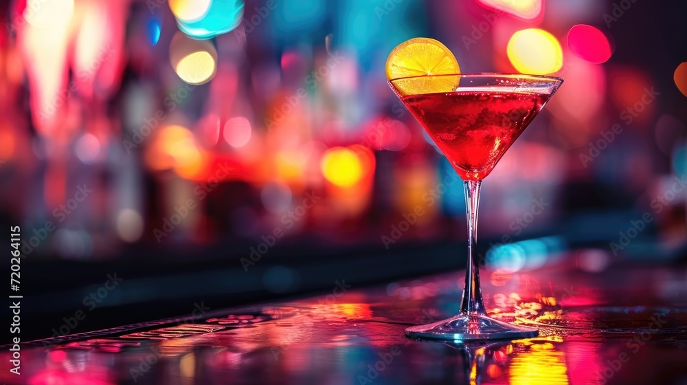 A visually striking close-up of a vibrant cocktail served on a bar, featuring alluring colors and enticing textures.