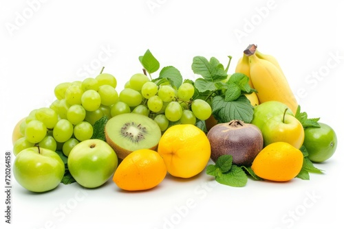 Vibrant green and yellow fruits and berries isolated on a white background