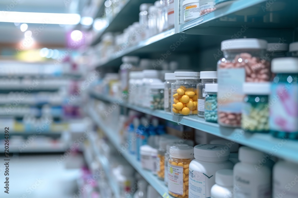 Pharmacy shelves with medicines jars with pills and bottles with medicines, pharmaceutical concept
