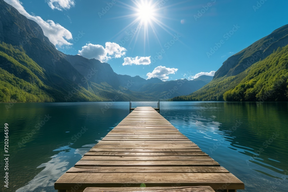 Obraz premium A wooden pier on a mountain lake on a bright sunny day