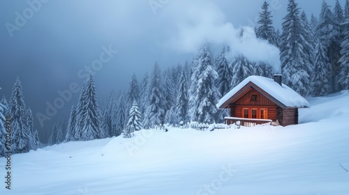 A charming wooden cabin nestled in a picturesque snowy landscape, surrounded by tall trees and glistening white snow.