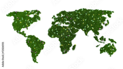world map with green grass and plants isolated in png or transparent background 