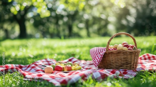 Enjoy a delightful family picnic in the park with a red and white checkered blanket.