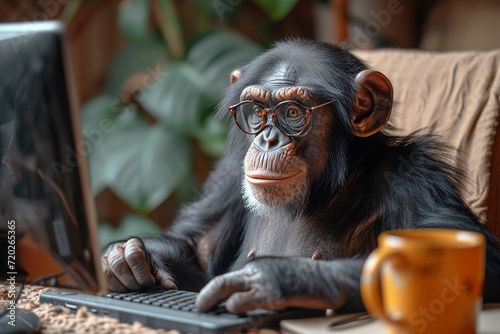chimpanzee working from home, studying in the office  © Paulius